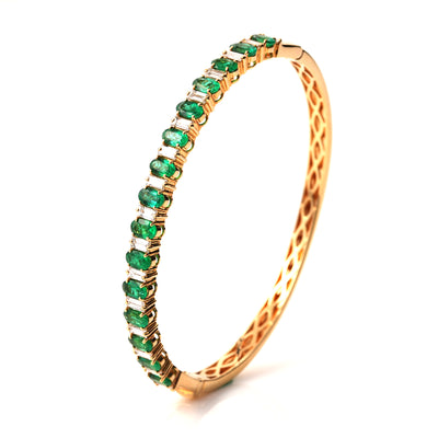 18k Yellow gold Baguette Diamond Emerald Bangle