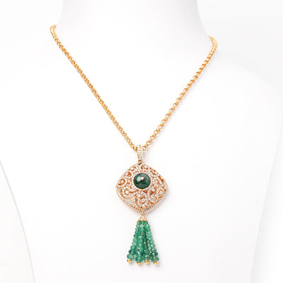 18k Yellow Gold Diamond Emerald Pendant Set