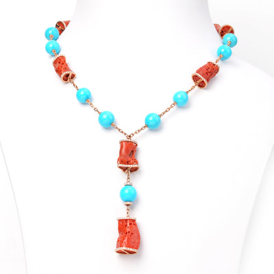 18k Yellow Gold Diamond Turquoise with Coral Earning & Necklace
