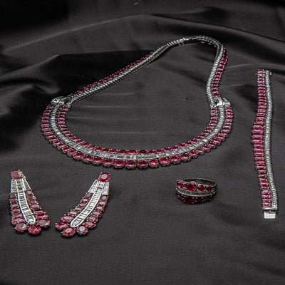 18k White Gold Baguette Diamond with Ruby Necklace Set